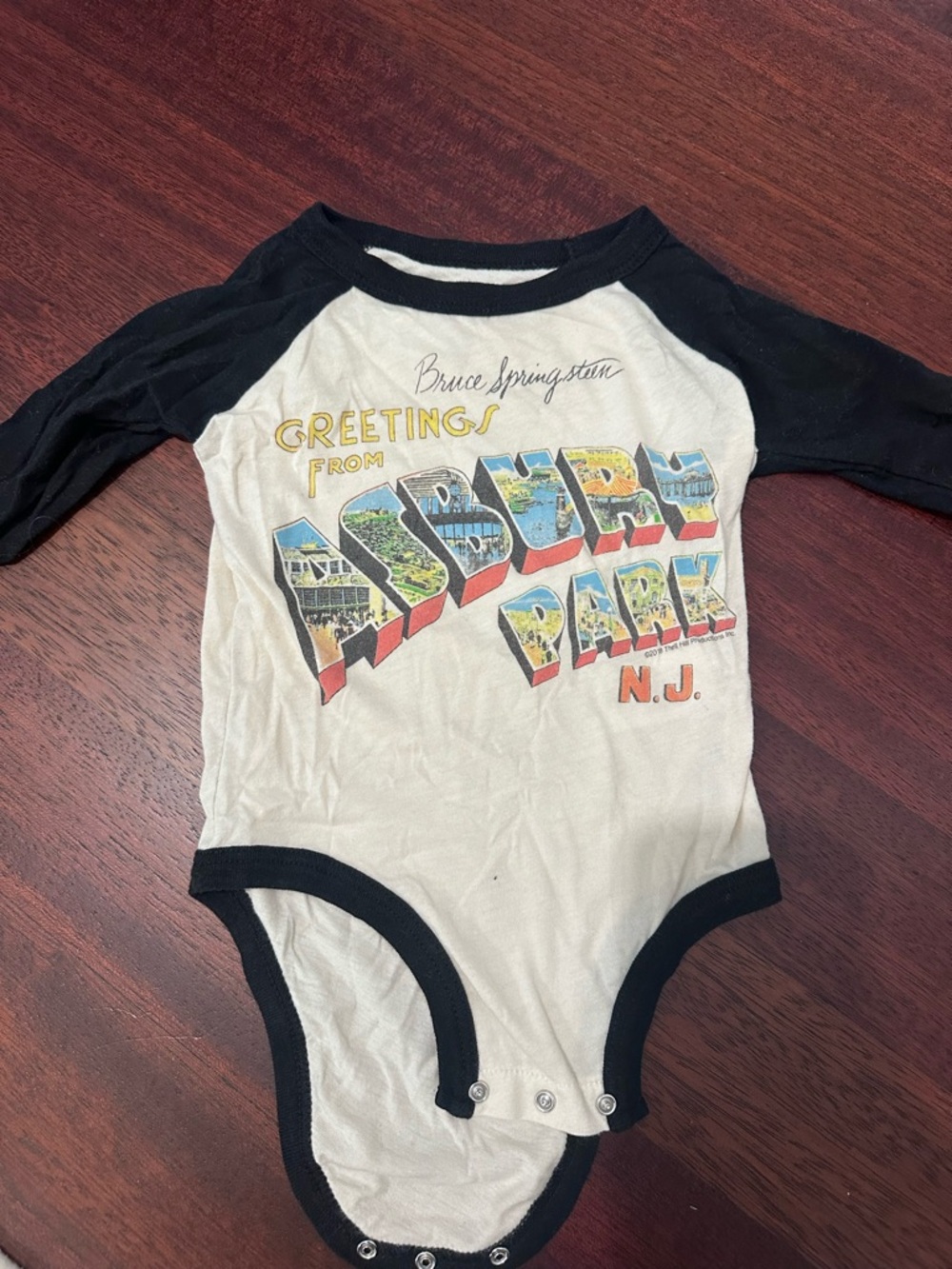 Rowdy Sprout White and Black Raglan Kids One-Piece Bodysuit asbury park Bruce